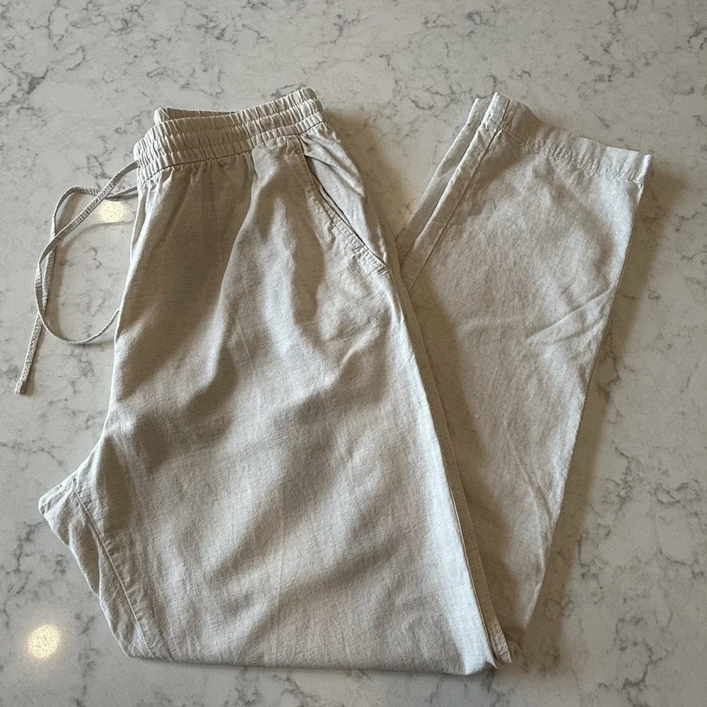 H&M Linen Cotton Joggers Pants Pull On Drawstring Tapered Womens M Natural Beige